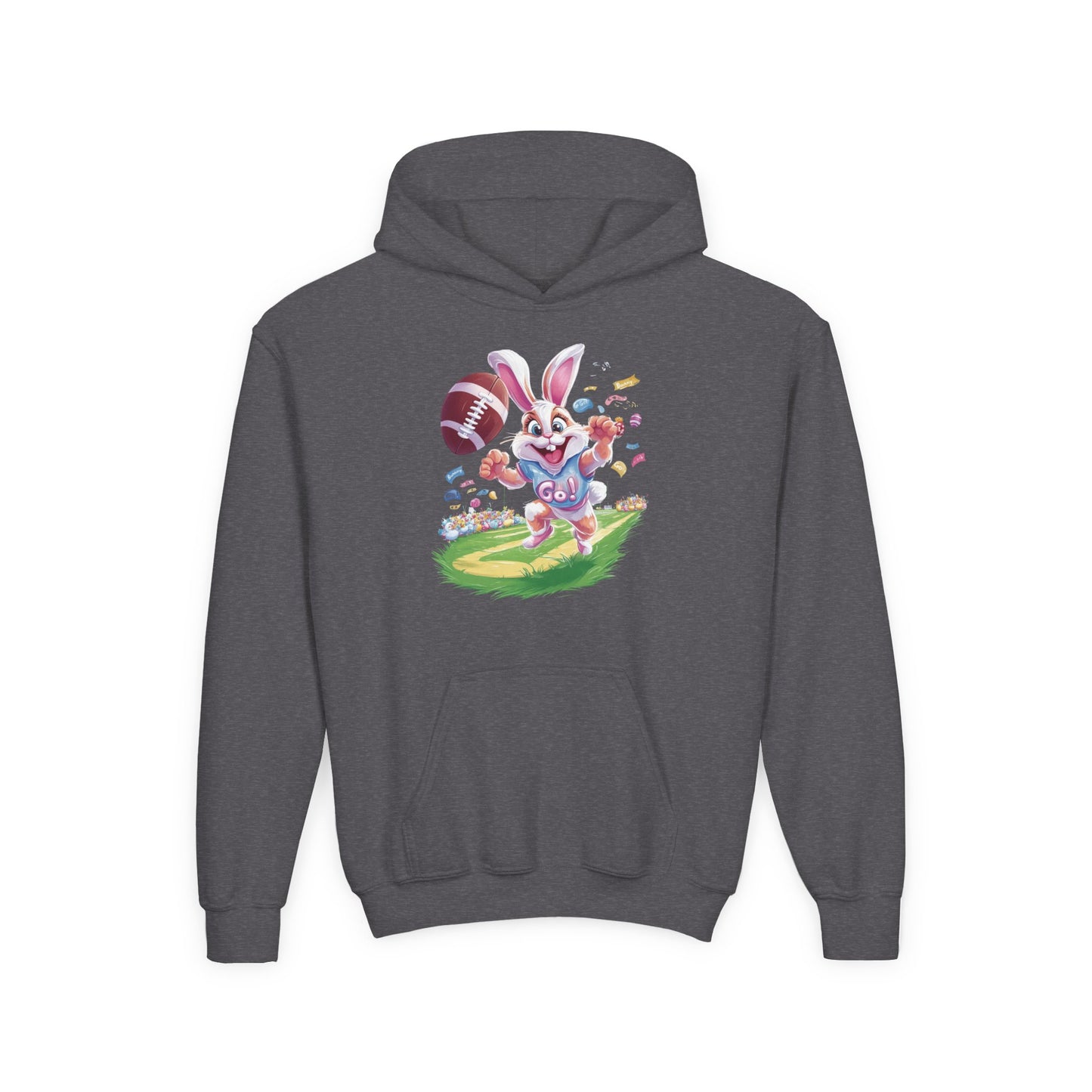 Touchdown Bunny Hoodie for Kids - Fun Easter Football Design - Youth Heavy Blend Sweatshirt - Spring Gift for Sporty Bunny Fans
