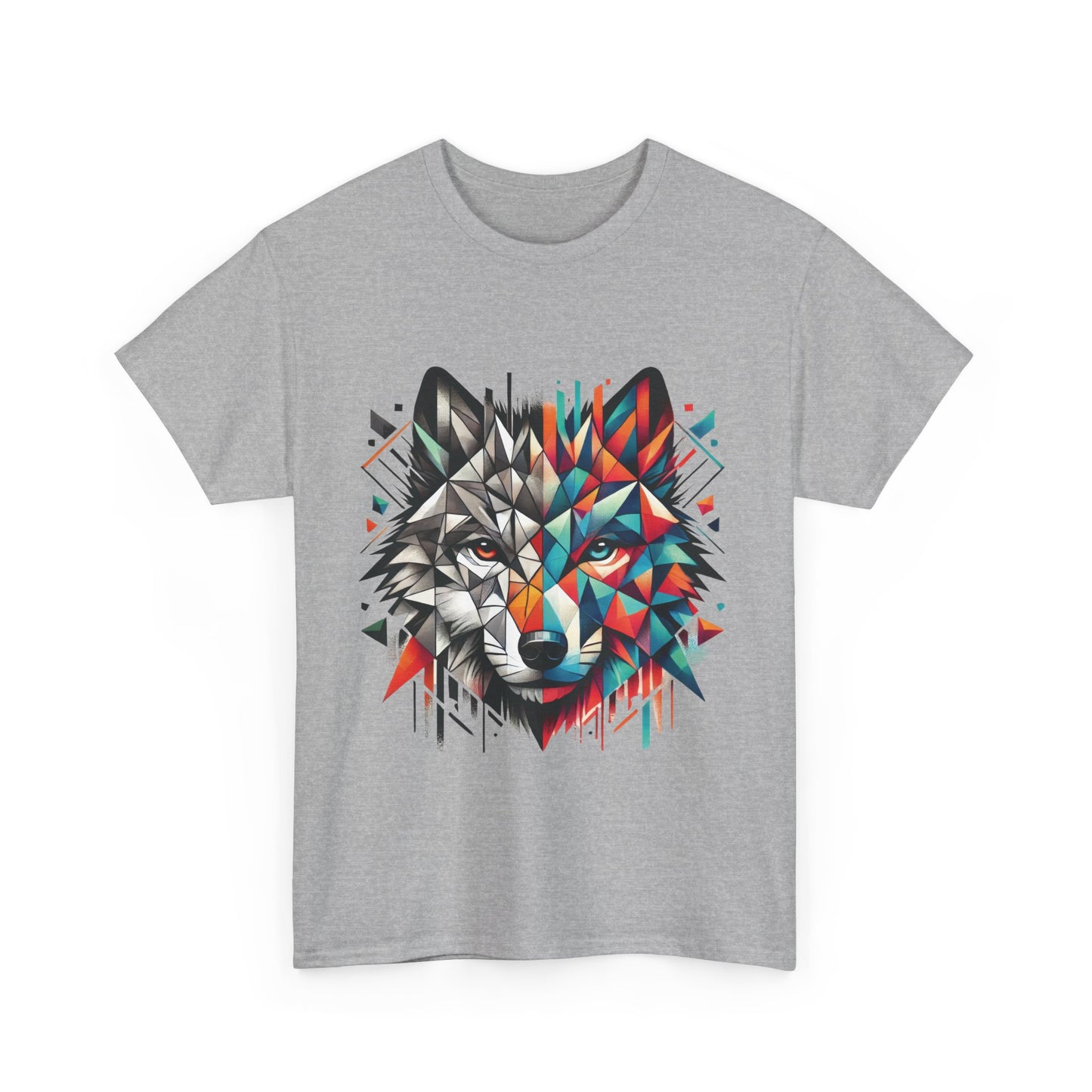 Geometric Wolf Tee, Heavy Cotton T-Shirt, Wildlife Lover Apparel, Unique Nature Wear, Artistic Wolf Design Tee