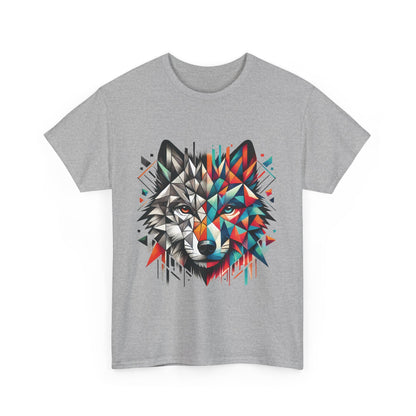 Geometric Wolf Tee, Heavy Cotton T-Shirt, Wildlife Lover Apparel, Unique Nature Wear, Artistic Wolf Design Tee