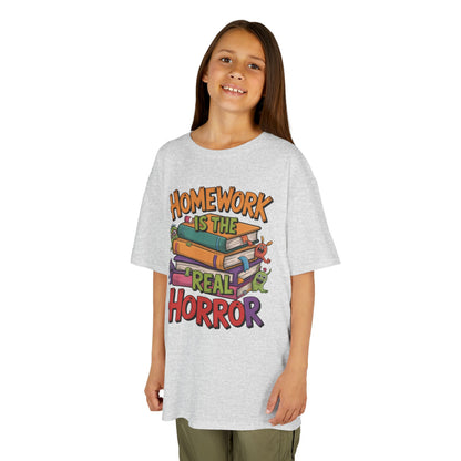Kids Funny Homework Tee, Cute Monster School Shirt, Homework Is the Real Horror, Back to School Gift for Boys & Girls, Kids Halloween Tee