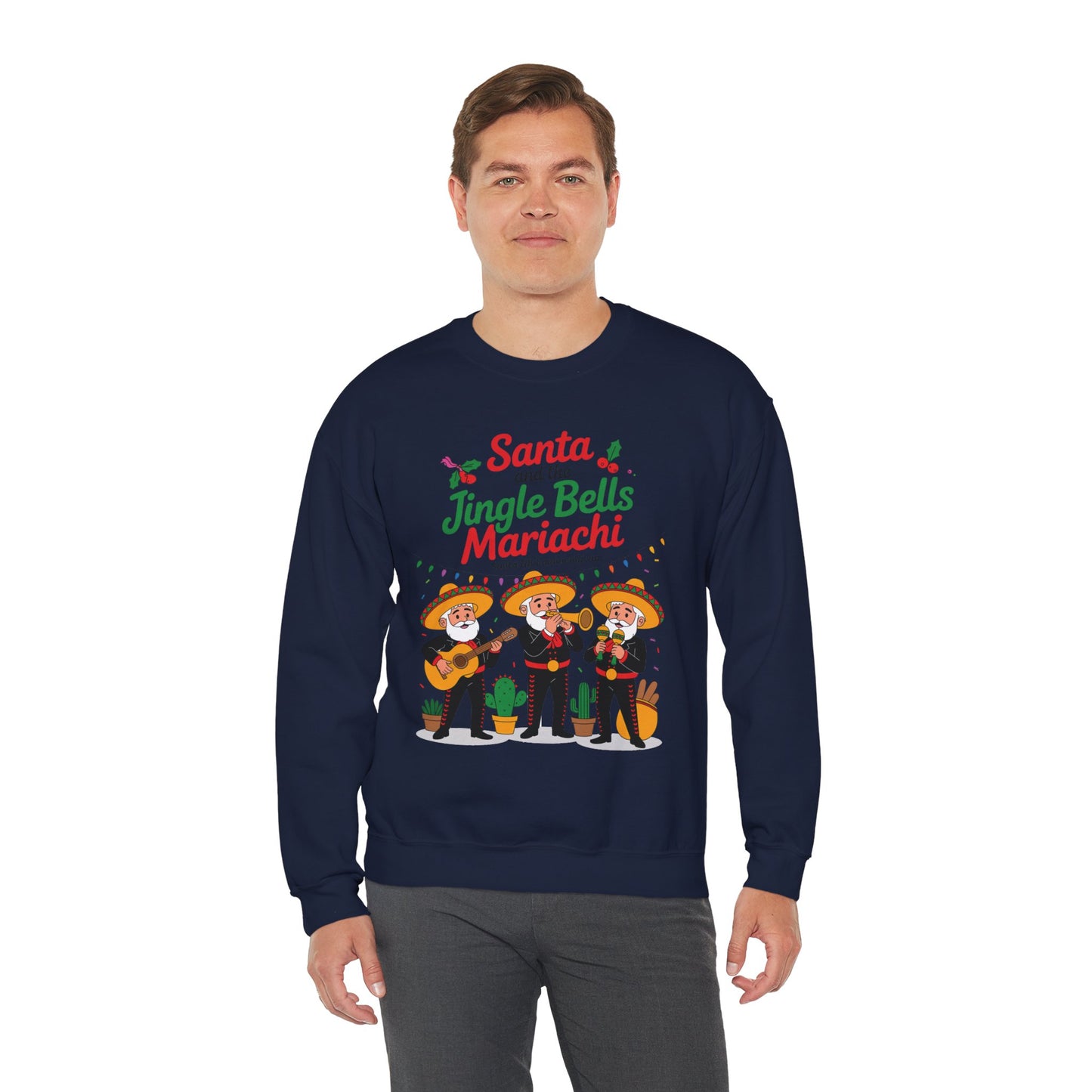Santa and the Jingle Bells Mariachi Sweatshirt, Funny Mexican Christmas Jumper, Latin Holiday Fiesta Pullover