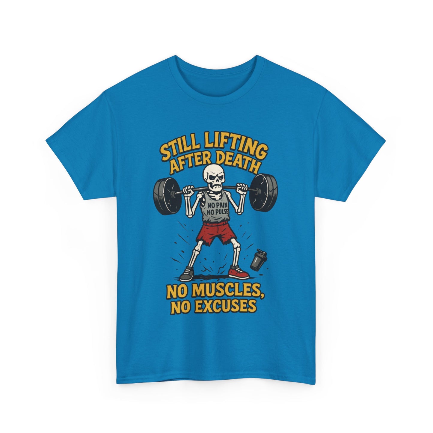 Funny Skeleton Gym T-Shirt, Still Lifting After Death, Funny Workout Shirt for Men, Fitness Gift, Halloween Apparel, Unisex Cotton Tee
