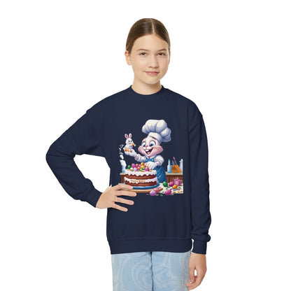 Hoppy Baker Easter Bunny Youth Sweatshirt - Cute Spring Crewneck for Kids with Chef Bunny and Cake, Fun Holiday Gift for Easter Lovers