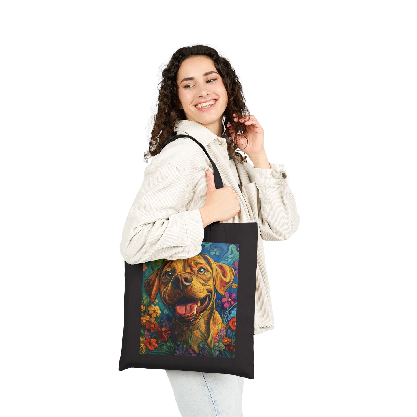 Colorful Dog Art Cotton Canvas Tote Bag, Eco-Friendly Shopping Bag, Pet Lover Gift, Flower Design, Reusable Grocery Tote, Animal Lover