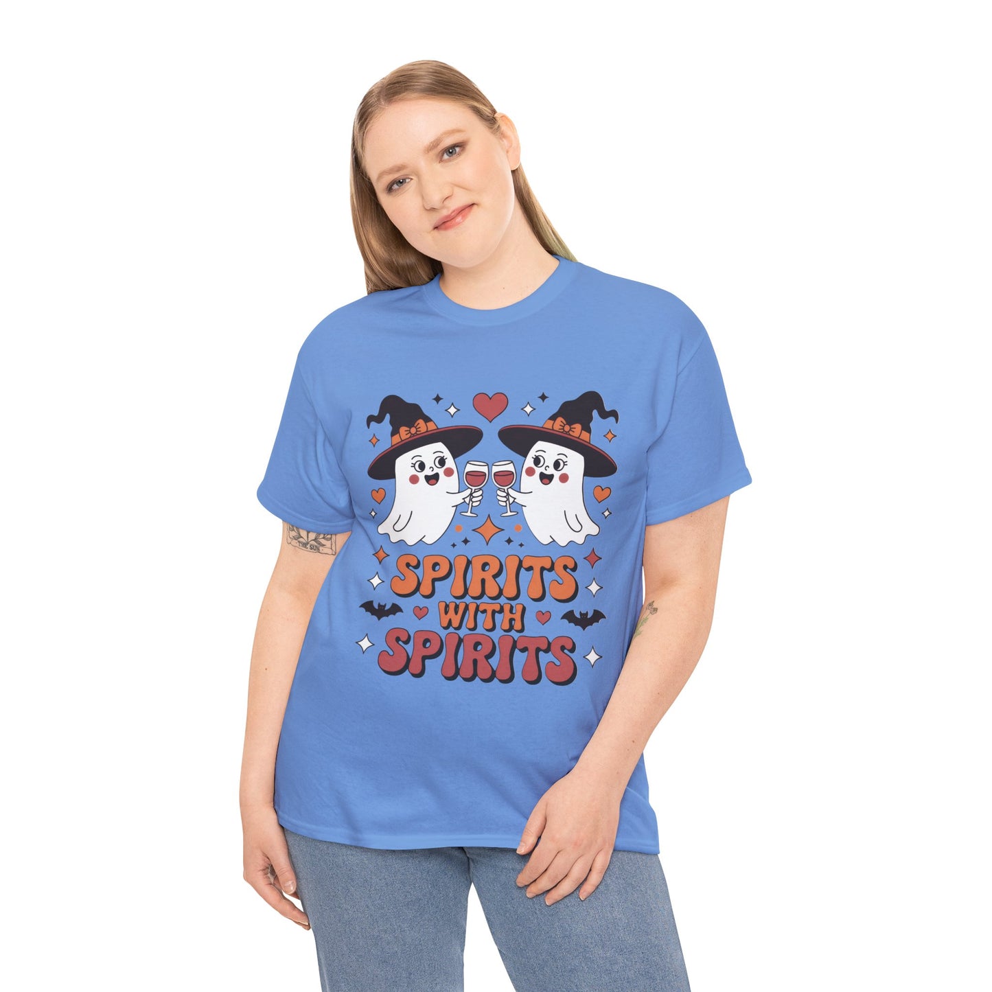 Spirits With Spirits Women's Halloween T-Shirt, Funny Ghost Drinking Wine Tee, Witches Party Shirt, Spooky Season Gift for Her