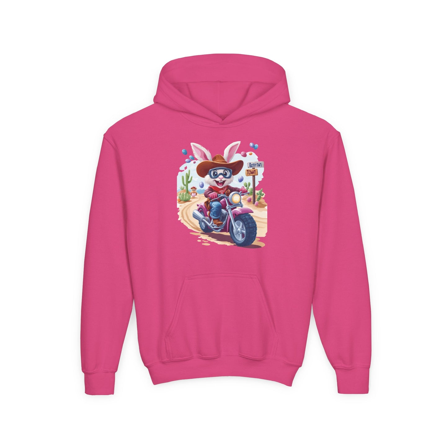 Easter Biker Bunny Youth Hoodie - Fun Spring Sweatshirt for Kids with Cute Motorcycle Bunny, Perfect for Easter & Holiday Gifting