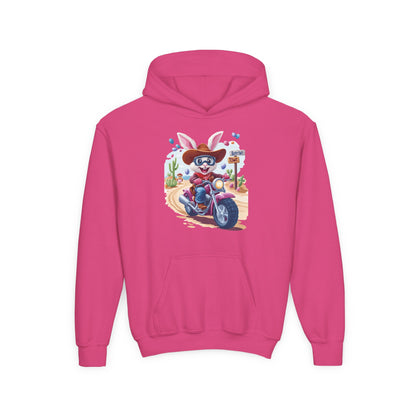 Easter Biker Bunny Youth Hoodie - Fun Spring Sweatshirt for Kids with Cute Motorcycle Bunny, Perfect for Easter & Holiday Gifting