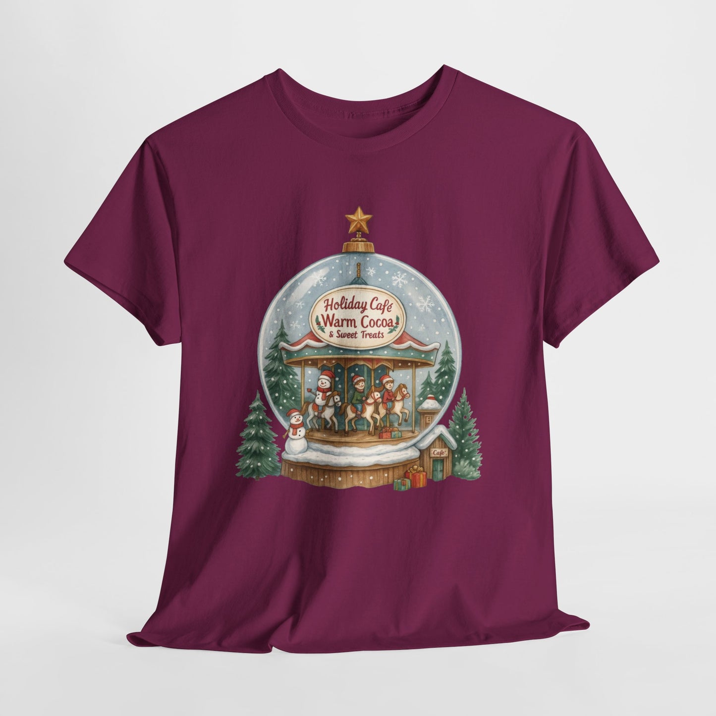 Holiday Café Christmas T-Shirt for Women, Warm Cocoa  Carousel Tee