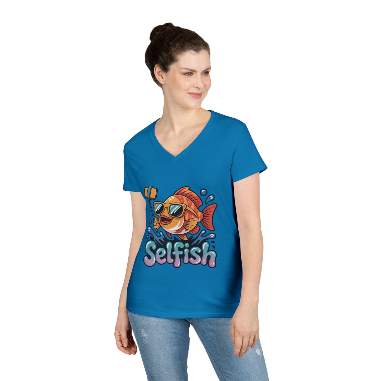 Ladies' V-Neck T-Shirt, Funny Selfie Fish Graphic Womens Tee, Playful Pun Gift for Her, Summer Vibes, Unique Beach Shirt, Outdoor Adventures