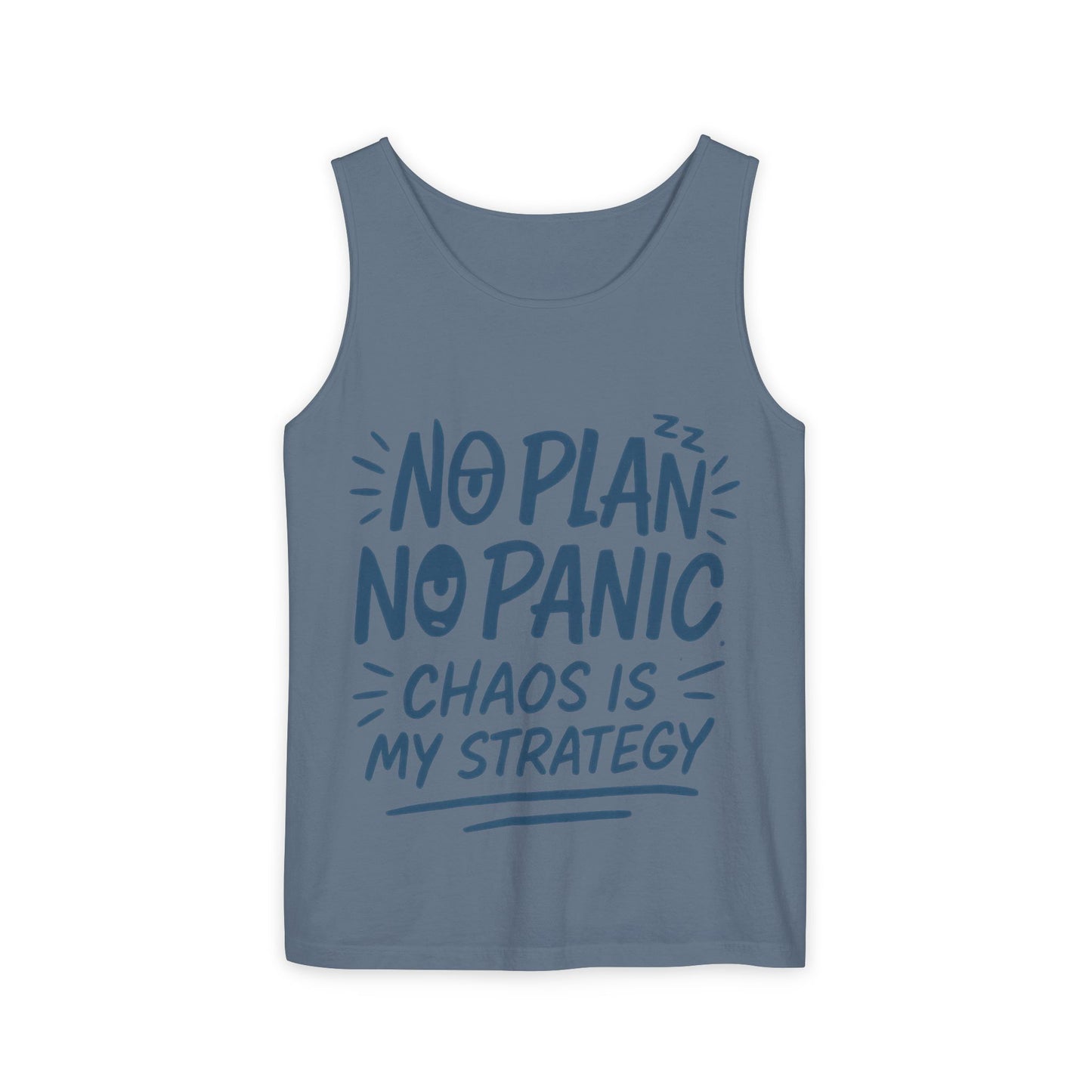 Funny Chaos Quote Mens Tank Top, No Plan No Panic Humor Shirt, Casual Graphic Tee Gift for Him, Relaxed Fit, Workout Gym Humor Shirt