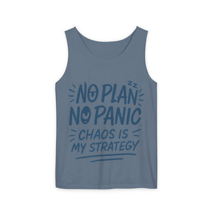 Funny Chaos Quote Mens Tank Top, No Plan No Panic Humor Shirt, Casual Graphic Tee Gift for Him, Relaxed Fit, Workout Gym Humor Shirt