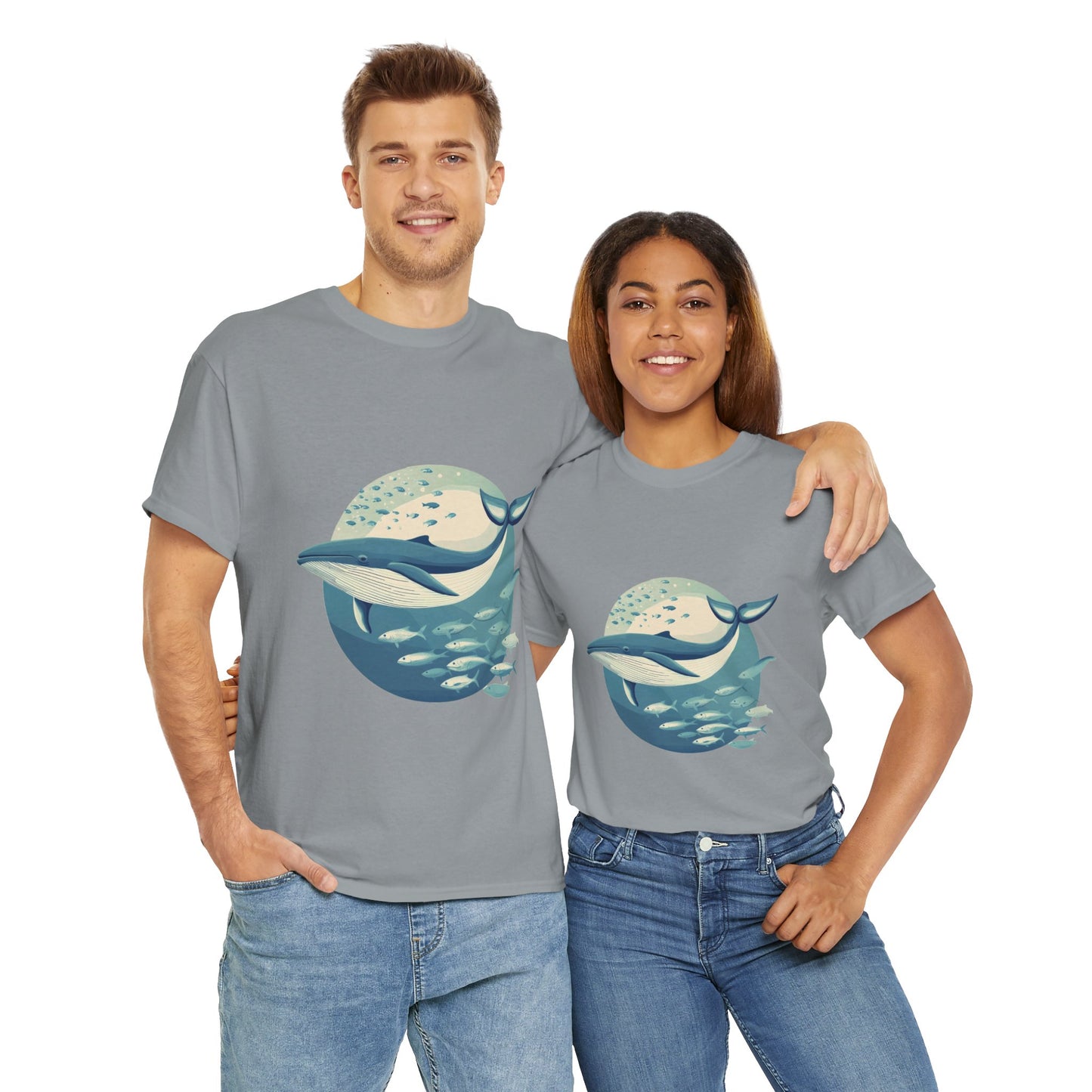 Whale and Fish Unisex Heavy Cotton Tee, Ocean Lover Shirt, Nature Tee, Sea Creature Gift, Casual Summer Top, Ocean Whale Graphic Tee