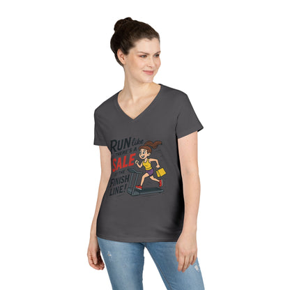 Ladies' V-Neck T-Shirt, Motivational Fitness Tee, Funny Gym Top, Funny Shopping Tee, Treadmill Runner Shirt for Her, For Sale Tee