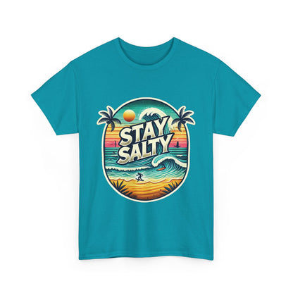 Stay Salty Retro Surf Unisex Heavy Cotton Tee, Vintage Beach Sunset Graphic T-Shirt, Summer Ocean Wave Surfer Shirt, Ocean Lover Gift