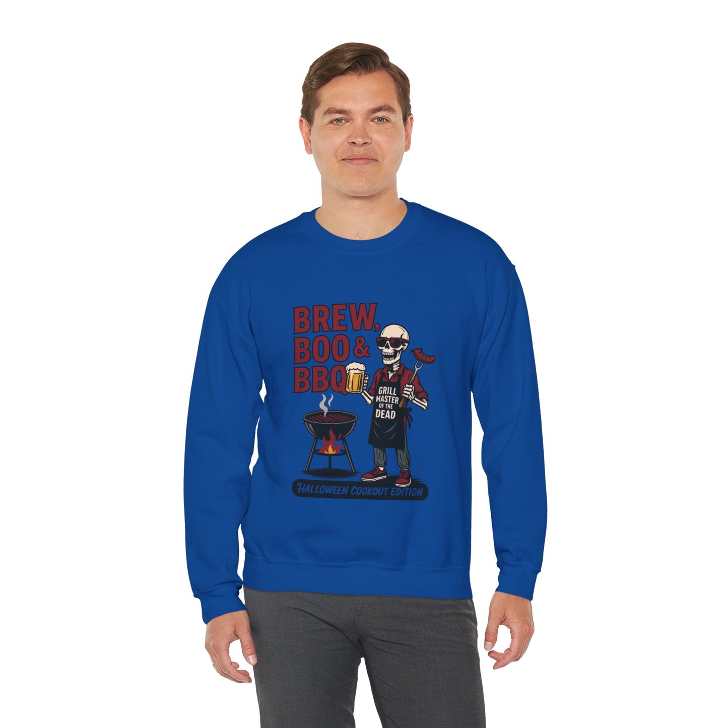 Halloween BBQ Men's Sweatshirt, Brew Boo & BBQ Skeleton Grill Master, Spooky Dad Gift, Skeleton Dad Sweat, Grill Master Crew