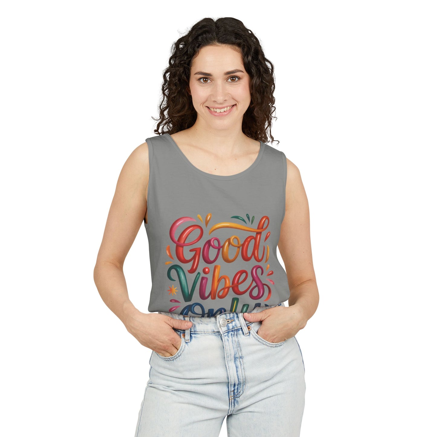 Good Vibes Only Unisex Garment-Dyed Tank Top, Summer Casual Wear, Festival Outfit, Beach Day Tee, Gift for Friends, Positive Vibes Apparel