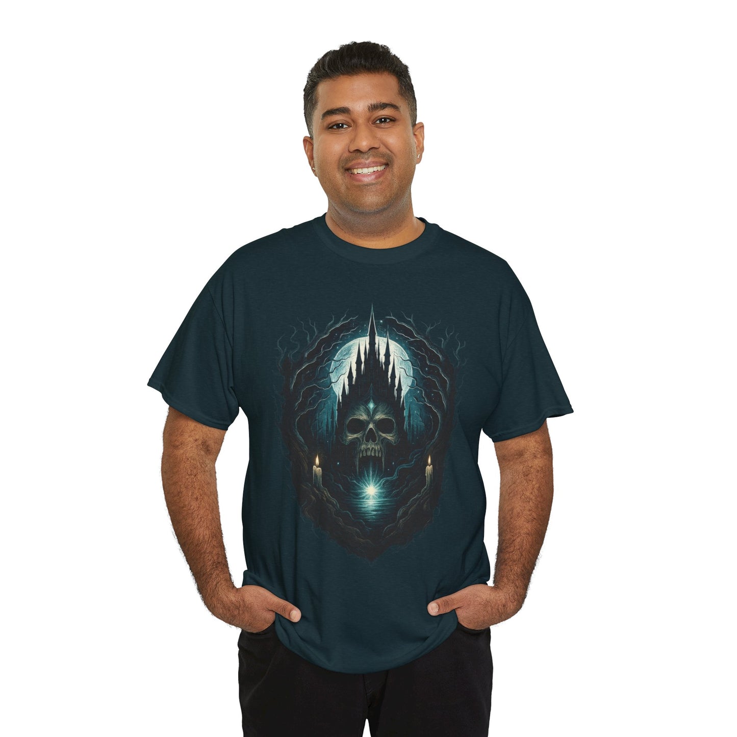 Gothic Skull Castle Men's T-Shirt, Dark Horror Haunted Night Graphic Tee, Halloween Shirt