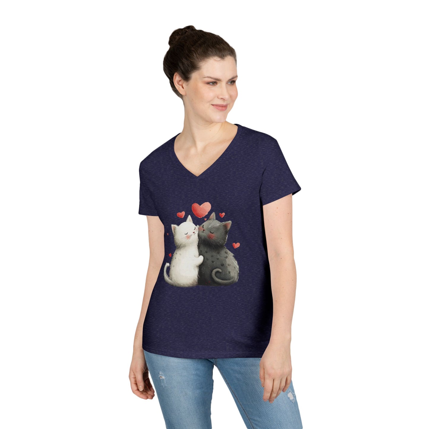 Cute Cat Love V-Neck T-Shirt, Animal Lover Gift, Valentine's Day Shirt, Cat Mom Gift, Cute Graphic Tee