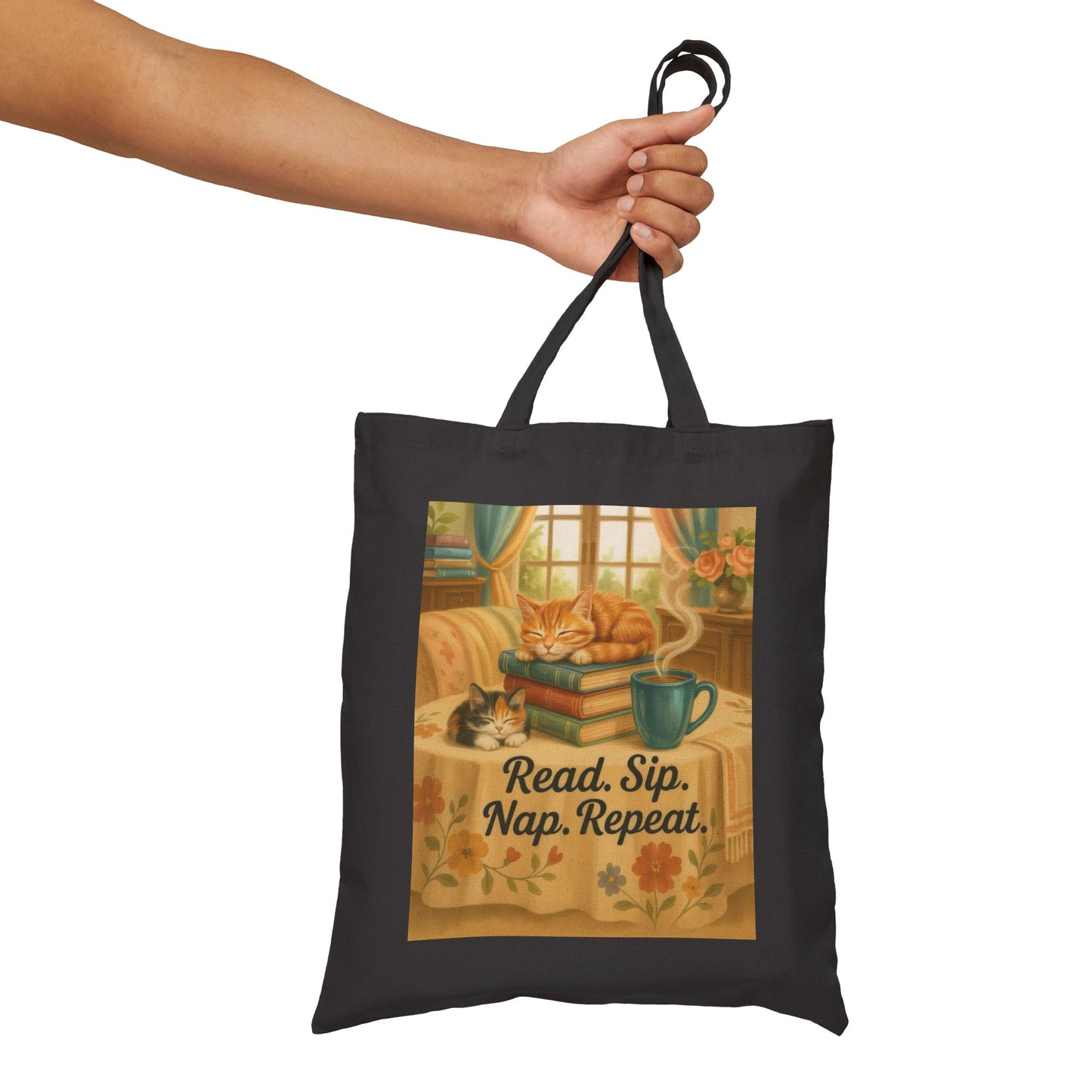Cute Cotton Canvas Tote Bag - Read Sip Nap Repeat | Perfect for Book Lovers, Cat Lovers, Eco-Friendly Gift, Reusable Shopping Bag, Charming