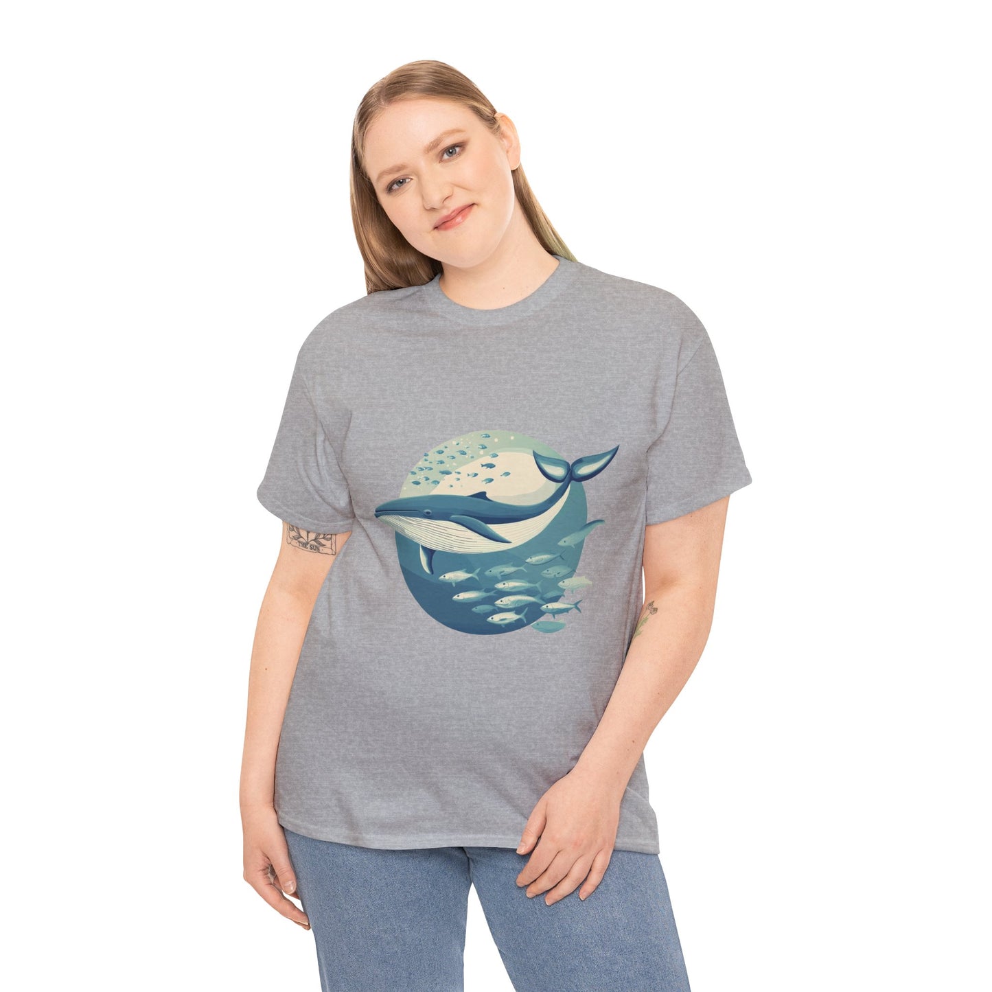 Whale and Fish Unisex Heavy Cotton Tee, Ocean Lover Shirt, Nature Tee, Sea Creature Gift, Casual Summer Top, Ocean Whale Graphic Tee