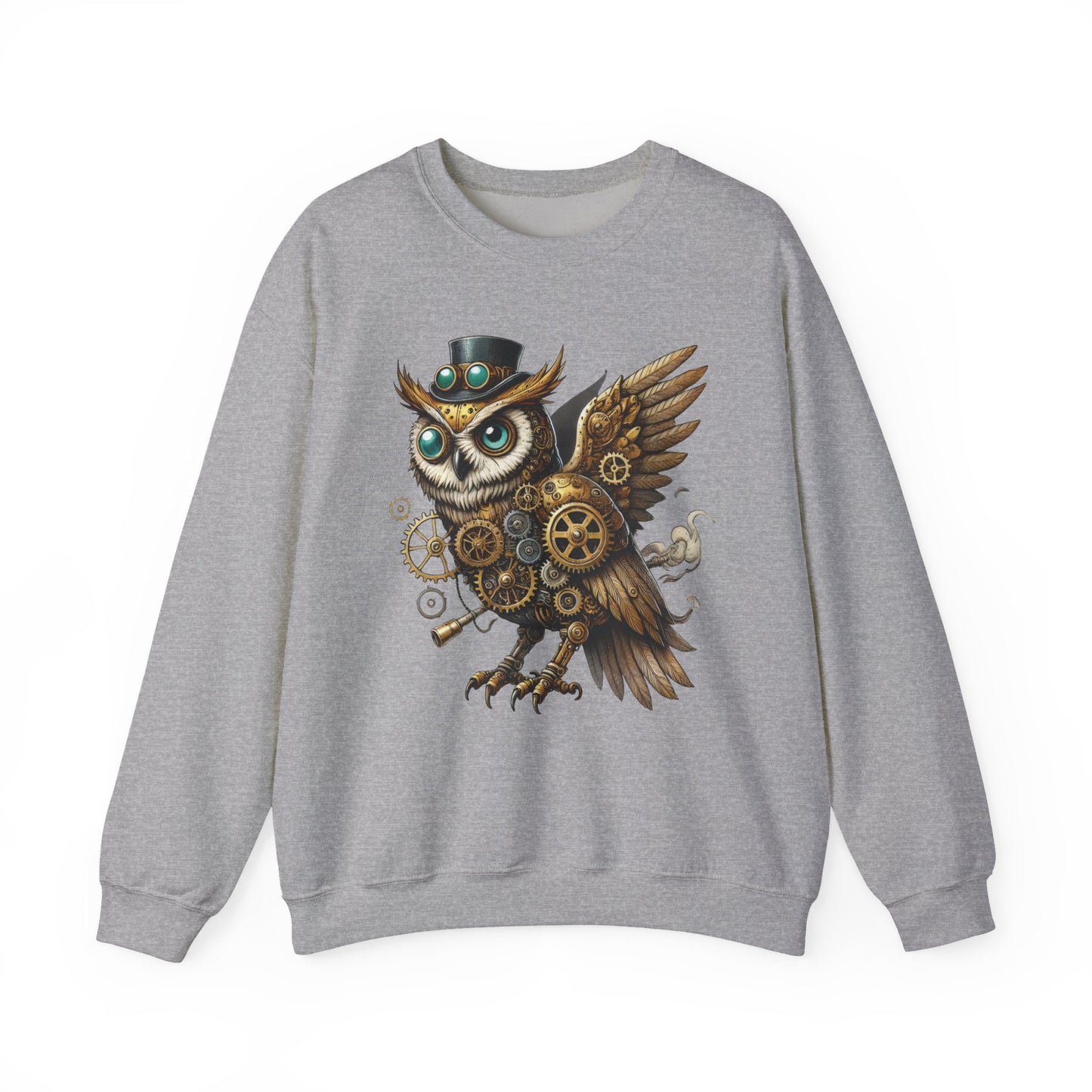 Steampunk Owl Unisex Crewneck Sweatshirt, Vintage Mechanical Gears Fantasy Bird Graphic Pullover, Gift for Owl Lovers