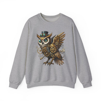Steampunk Owl Unisex Crewneck Sweatshirt, Vintage Mechanical Gears Fantasy Bird Graphic Pullover, Gift for Owl Lovers
