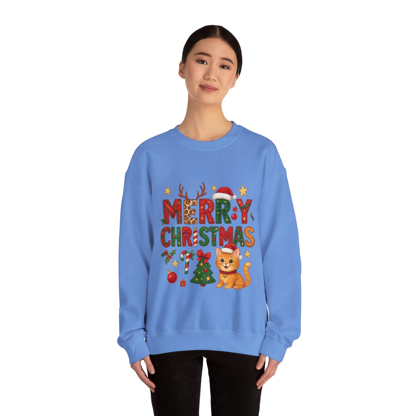 Women's Merry Christmas Cat Sweatshirt, Cozy Holiday Cat Lover Pullover, Women's Heavy Blend™ Crewneck Sweatshirt
