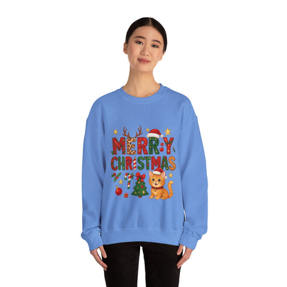 Women's Merry Christmas Cat Sweatshirt, Cozy Holiday Cat Lover Pullover, Women's Heavy Blend™ Crewneck Sweatshirt