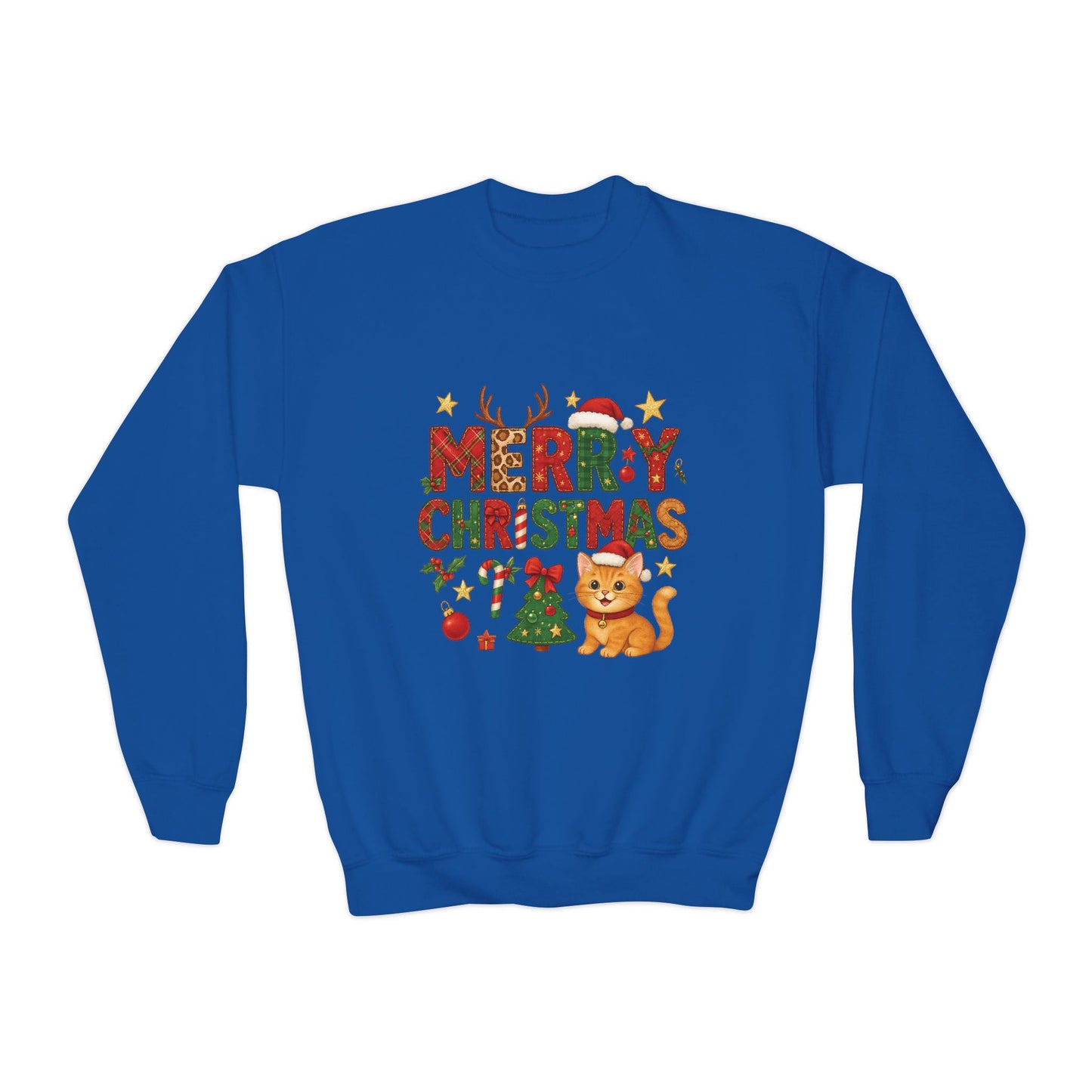 Merry Christmas Cat Sweatshirt for Girls, Cozy Holiday Kitten Jumper, Youth Crewneck Sweatshirt