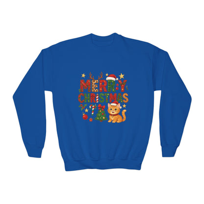 Merry Christmas Cat Sweatshirt for Girls, Cozy Holiday Kitten Jumper, Youth Crewneck Sweatshirt