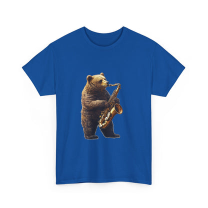 Saxophone Bear Unisex Heavy Cotton Tee, Music Lover Shirt, Gift for Musicians, Cute Animal Tee, Fun Jazz T-Shirt