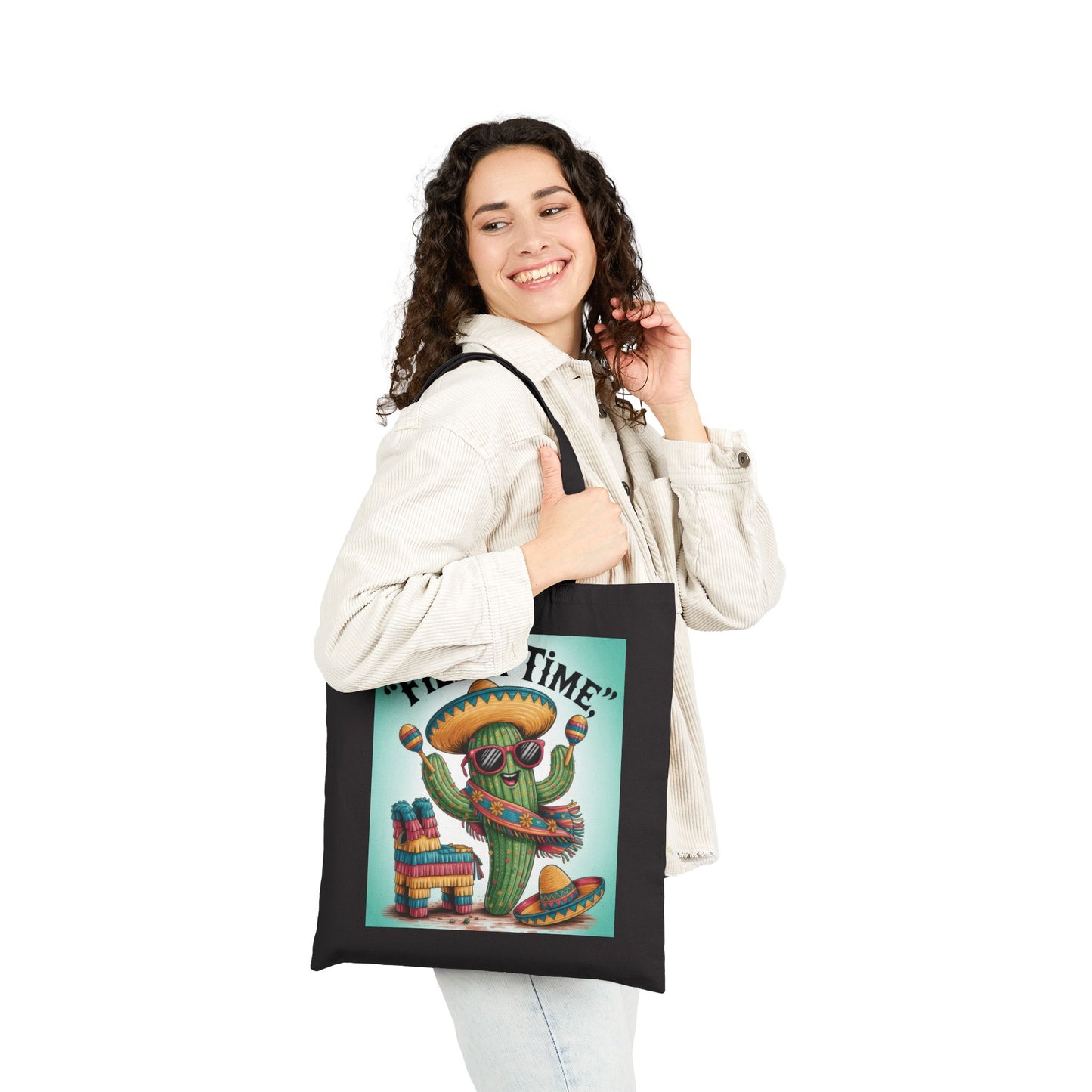 Fiesta Time Cactus Tote Bag, Colorful Funny Sombrero Maracas Piñata Mexican Party Gift Bag, Summer Vibes Canvas Bag