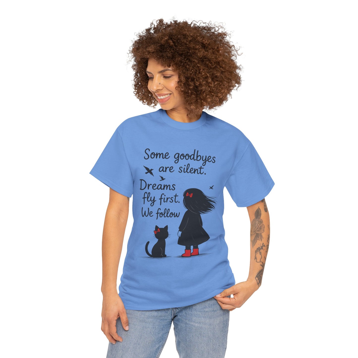 Emotional Hand Drawn Womens T-Shirt, Minimalist Red Dress Girl and Cat Graphic Tee, Cat Lover Gift