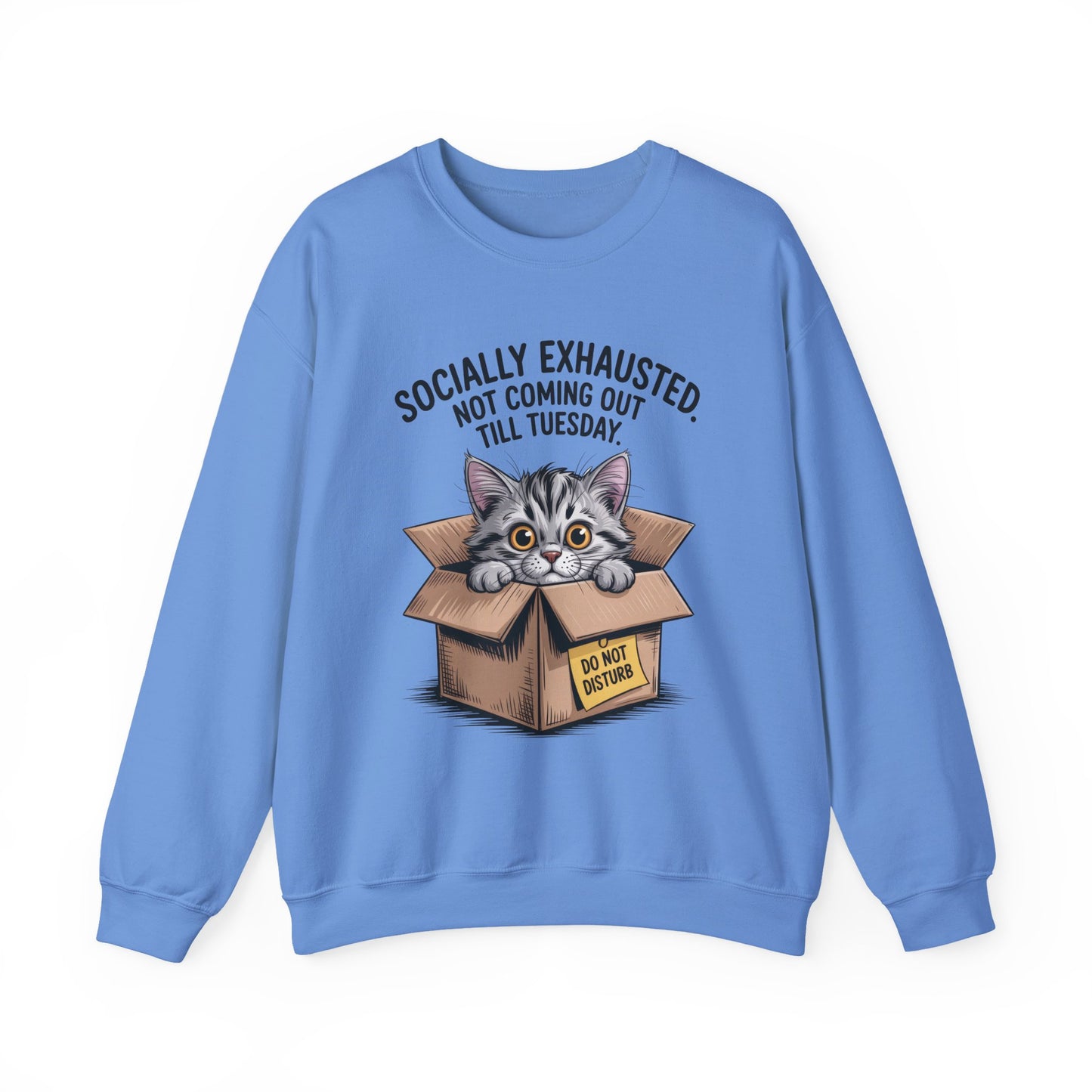 Socially Exhausted Cat Sweatshirt, Funny Cat Crewneck, Gift for Cat Lovers, Cozy Unisex Pullover, Weekend Comfort Apparel