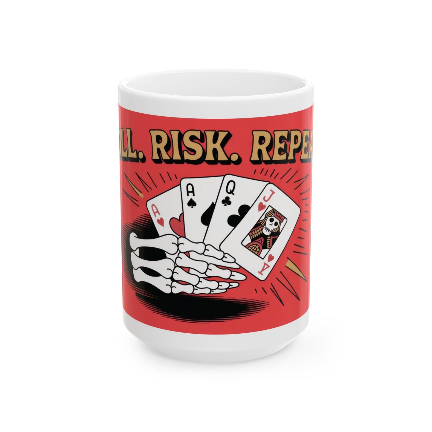 Roll Risk Repeat Poker Mug, Bold Tattoo Style Coffee Cup with Joker Card, Gambling Gift, Gothic Drinkware, Poker Lovers Mug