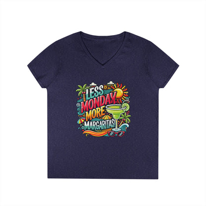 Less Monday More Margaritas Ladies' V-Neck T-Shirt, Funny Summer Cocktail Shirt, Tropical Vacation Tee for Women, Party Tee, Weekend Vibes
