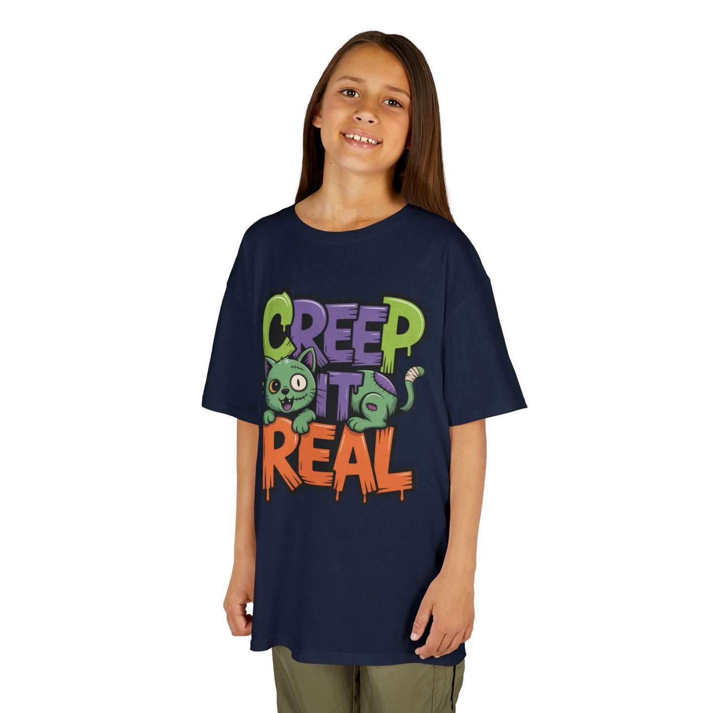 Creep It Real Kids Halloween Shirt, Cute Zombie Cat Graffiti Style T-Shirt for Boys & Girls