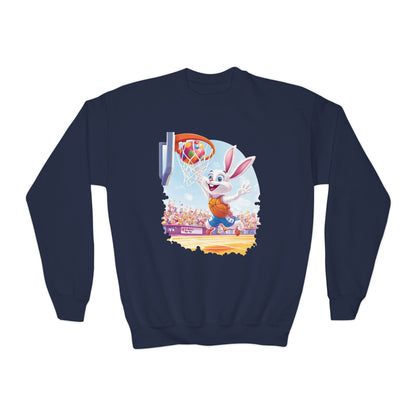 Easter Basketball Bunny Youth Sweatshirt - Cute Bunny Dunking Egg Ball, Fun Spring Sports Pullover for Kids, Easter Gift Idea, Fun Gym Wear