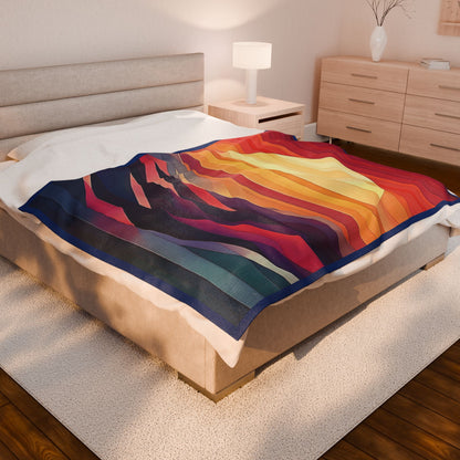 Abstract Sunset Mountain Velveteen Plush Blanket, Geometric Boho Landscape Throw Blanket, Warm Cozy Modern Art Home Decor Gift