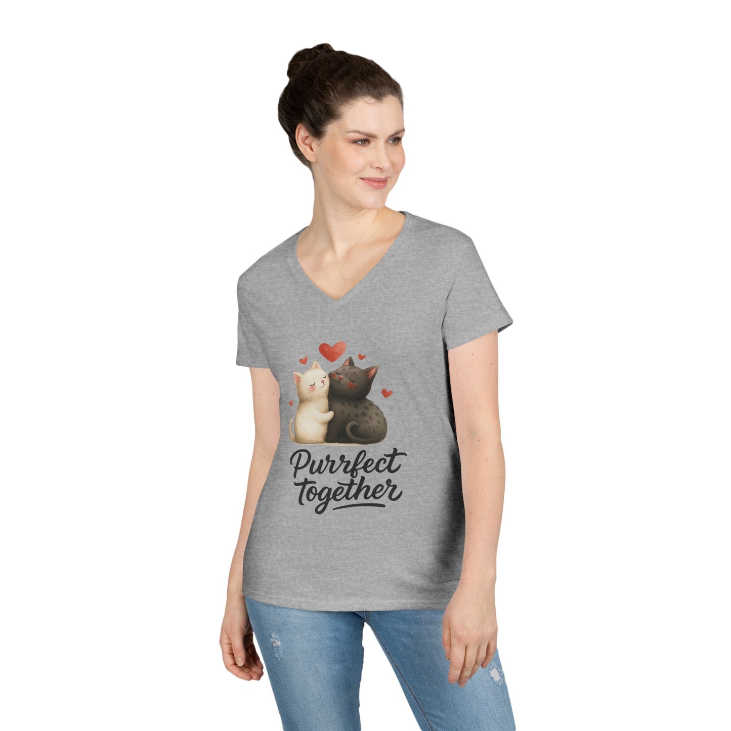 Cute Cat Love V-Neck T-Shirt, Animal Lover Gift, Valentine's Day Shirt, Cat Mom Gift, Cute Graphic Tee