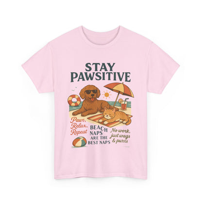 Stay Pawsitive Womens T-Shirt, Cute Dog & Cat Beach Shirt, Summer Pet Lover Tee, Animal Graphic Heavy Cotton Tee, Fun Pet Lovers Gift