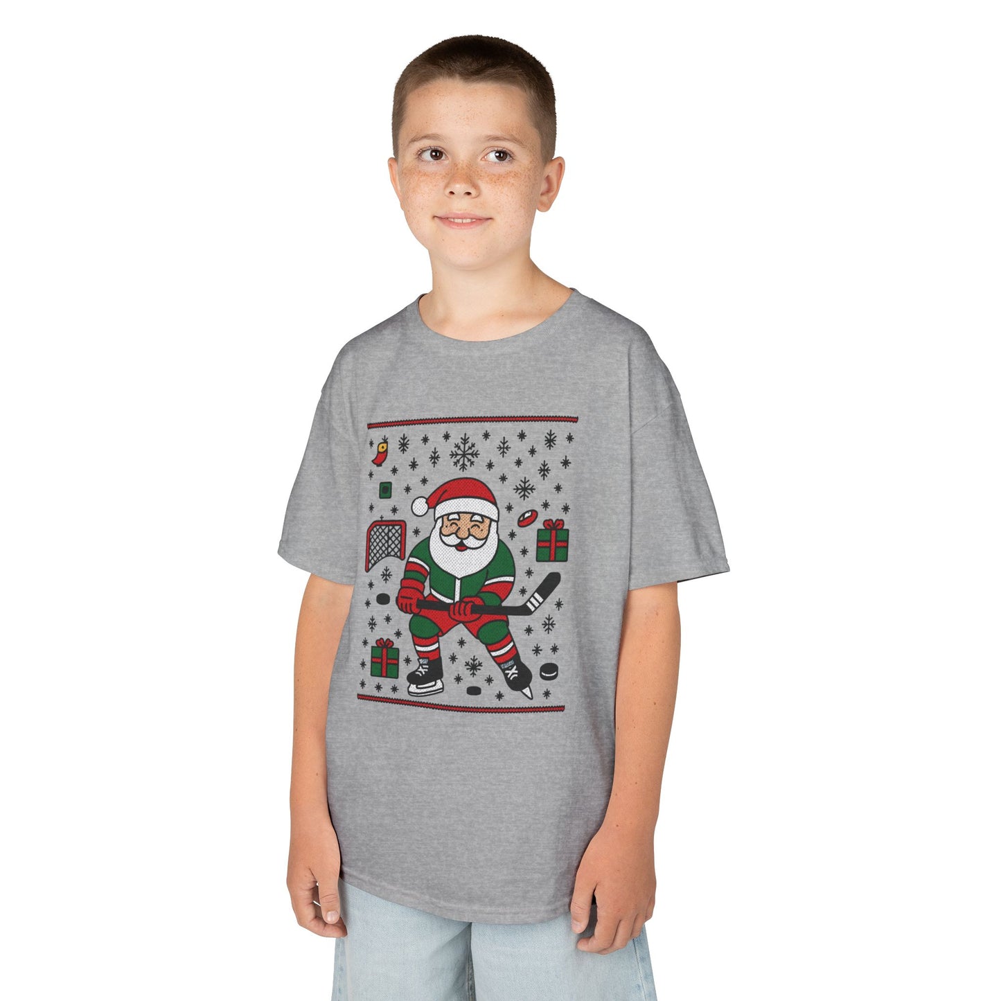 Hockey Santa Youth Christmas T-Shirt, Funny Holiday Sports Tee for Boys