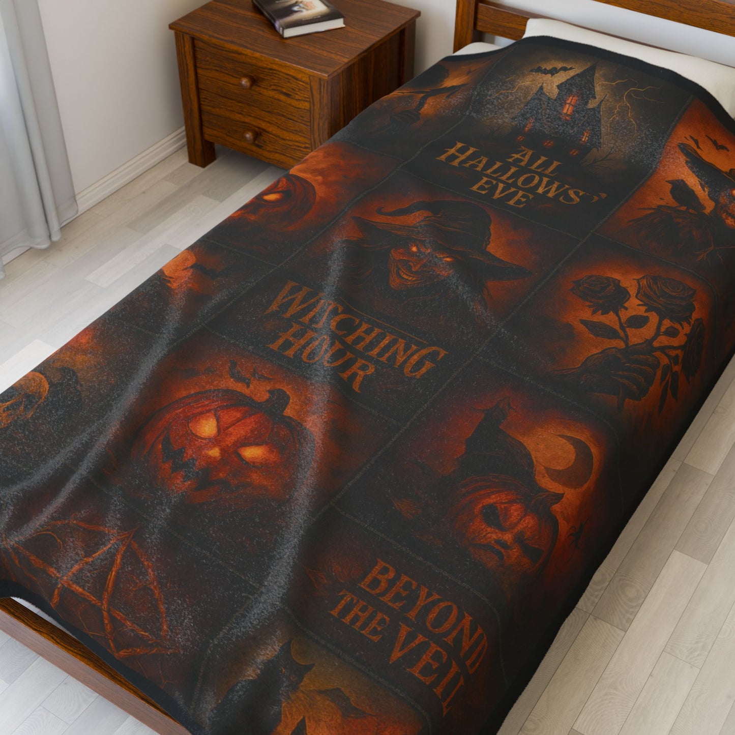 Gothic Halloween Velveteen Plush Blanket, Dark Fantasy Horror Throw, All Hallows Eve Witch Pumpkin Skull Blanket, Spooky Gothic Home Décor