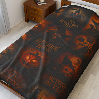 Gothic Halloween Velveteen Plush Blanket, Dark Fantasy Horror Throw, All Hallows Eve Witch Pumpkin Skull Blanket, Spooky Gothic Home Décor