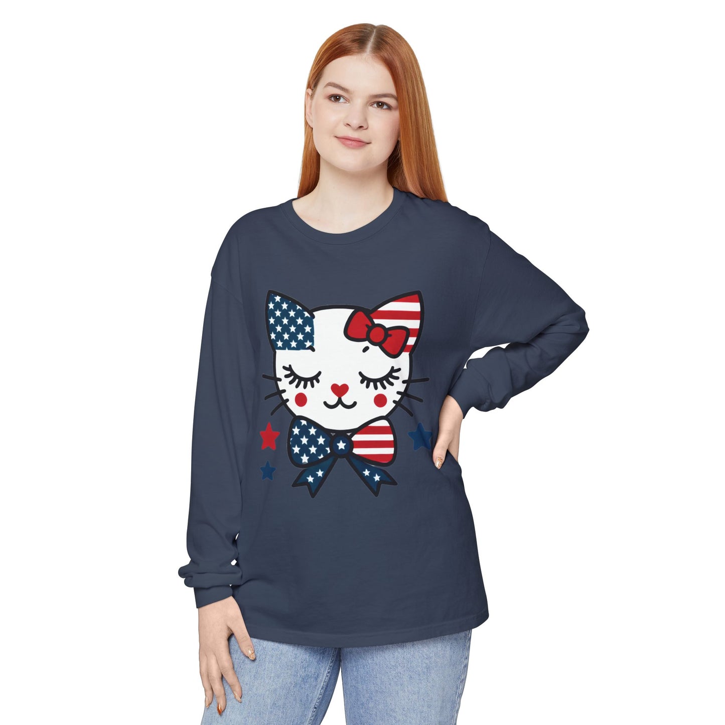 Patriotic Cat Long Sleeve T-Shirt, Women's Tee, Perfect for Fourth of July, Animal Lover Gift, Cozy Casual Wear, Holiday Apparel