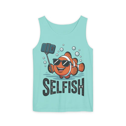Mens Garment-Dyed Tank Top, Mens Selfish Funny Fish Tank Top, Cute Selfie Graphic Shirt, Ocean Humor Top