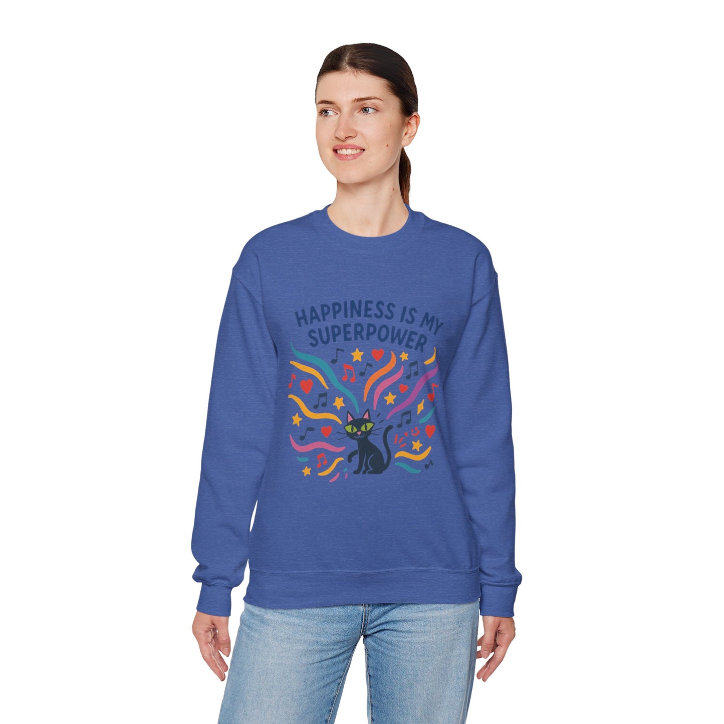 Playful Cat Crewneck Womens Sweatshirt, Happiness is My Superpower, Cozy Sweatshirt, Gift for Cat Lovers, Fun Casual Style, Unique Animal Design