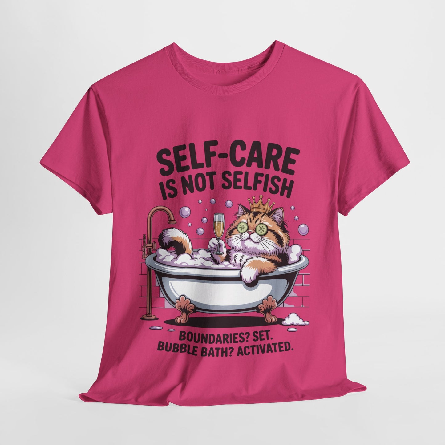 Womens Heavy Cotton Tee, Self-Care Cat Shirt, Funny Cat Bubble Bath Tee, Relaxing Kitty Graphic, Self Care Is Not Selfish Womens T-Shirt
