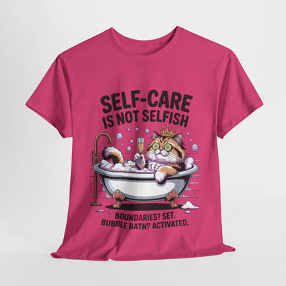 Womens Heavy Cotton Tee, Self-Care Cat Shirt, Funny Cat Bubble Bath Tee, Relaxing Kitty Graphic, Self Care Is Not Selfish Womens T-Shirt