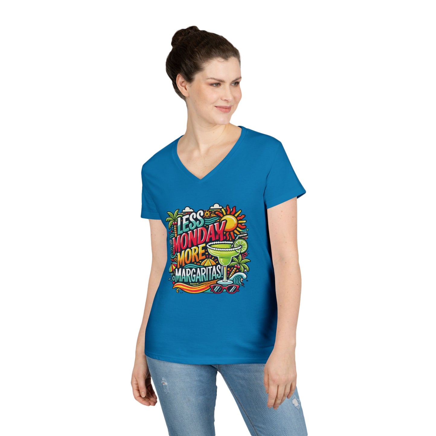 Less Monday More Margaritas Ladies' V-Neck T-Shirt, Funny Summer Cocktail Shirt, Tropical Vacation Tee for Women, Party Tee, Weekend Vibes